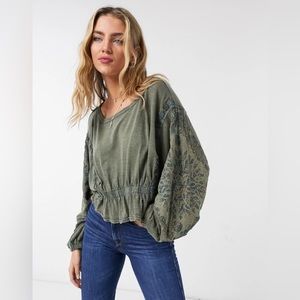 FreePeople Throwback Embroidered Volume Sleeve Blouse- Pine Combo
